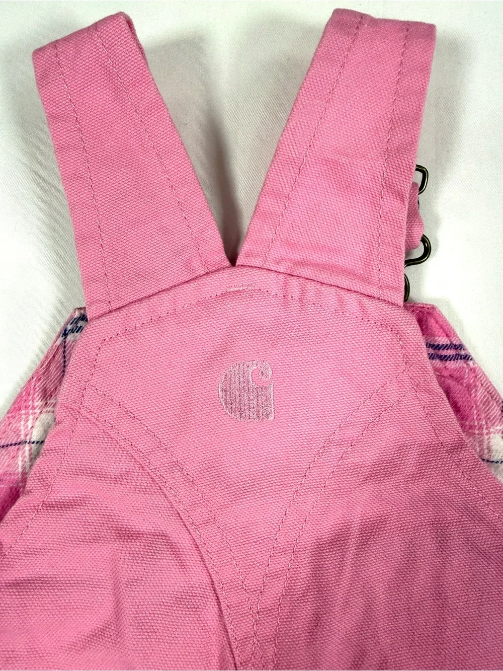 CARHARTT Girls Canvas Bib Overalls 9M Pink Plaid Lined Workwear Farmcore Western